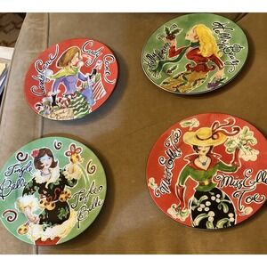 American Atelier Jingle Belles Christmas Dessert Plates Set of 4 8" w/ Box